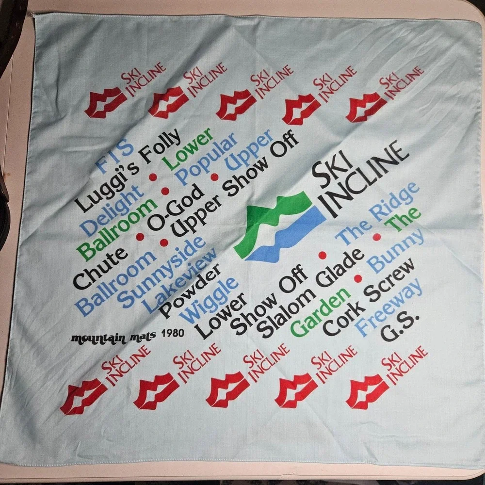 Vintage 1980 Ski Incline Mountain Mats Trail Map Bandana Light‎ Blue 22x22